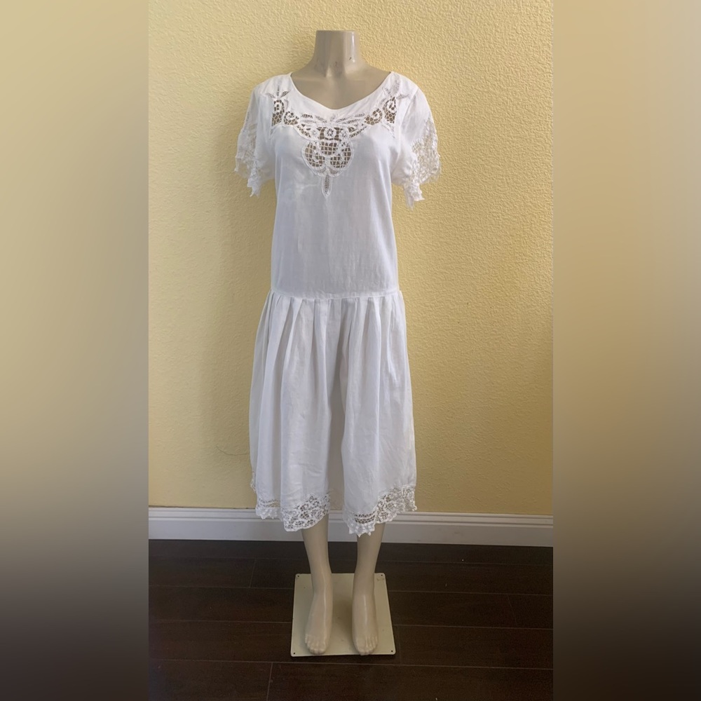 VTG Nancy Johnson Size 10 Ivory Color Short Sleeve Lace Eyelet Dress